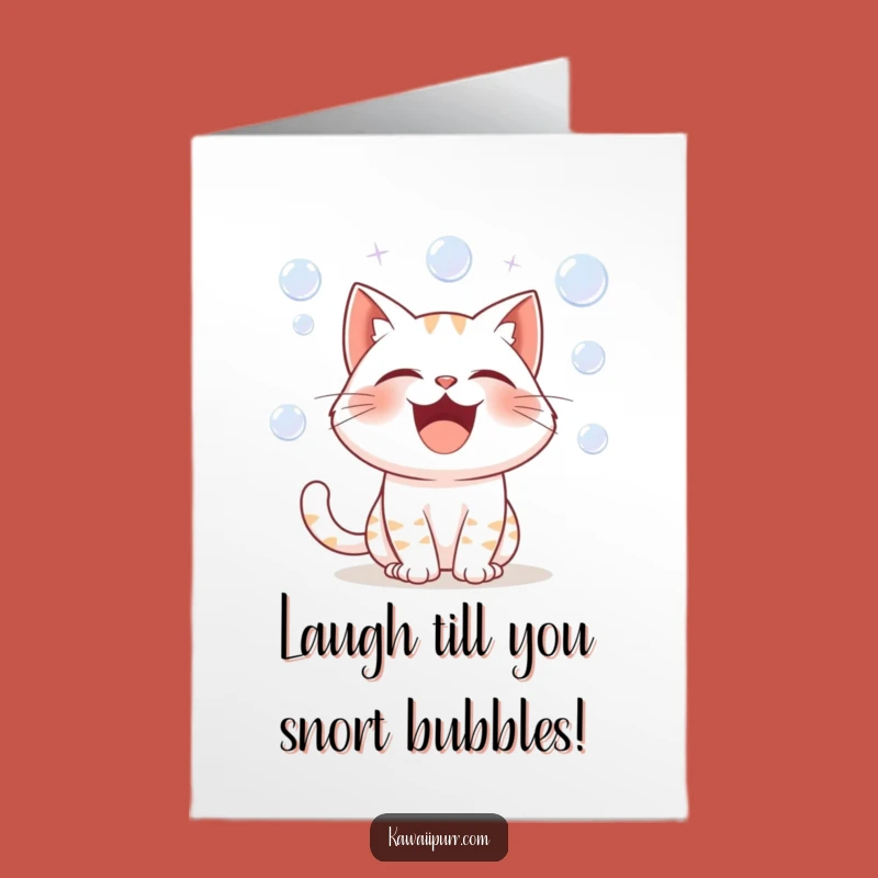Free Printable Birthday Card: Hilarious Cat Laughing, Bubbles Flying - Funny Downloadable Gift