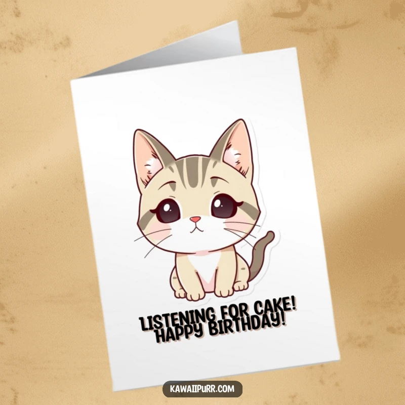 Funny Free Printable Birthday Card: A cat character with perked ears, actively listening with great focus.
