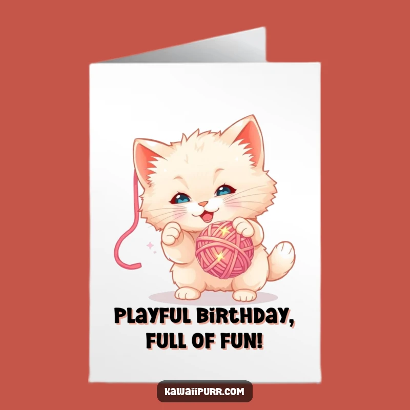 Free Printable Birthday Card: Kitten Bats Yarn - Funny Downloadable Playful Gift