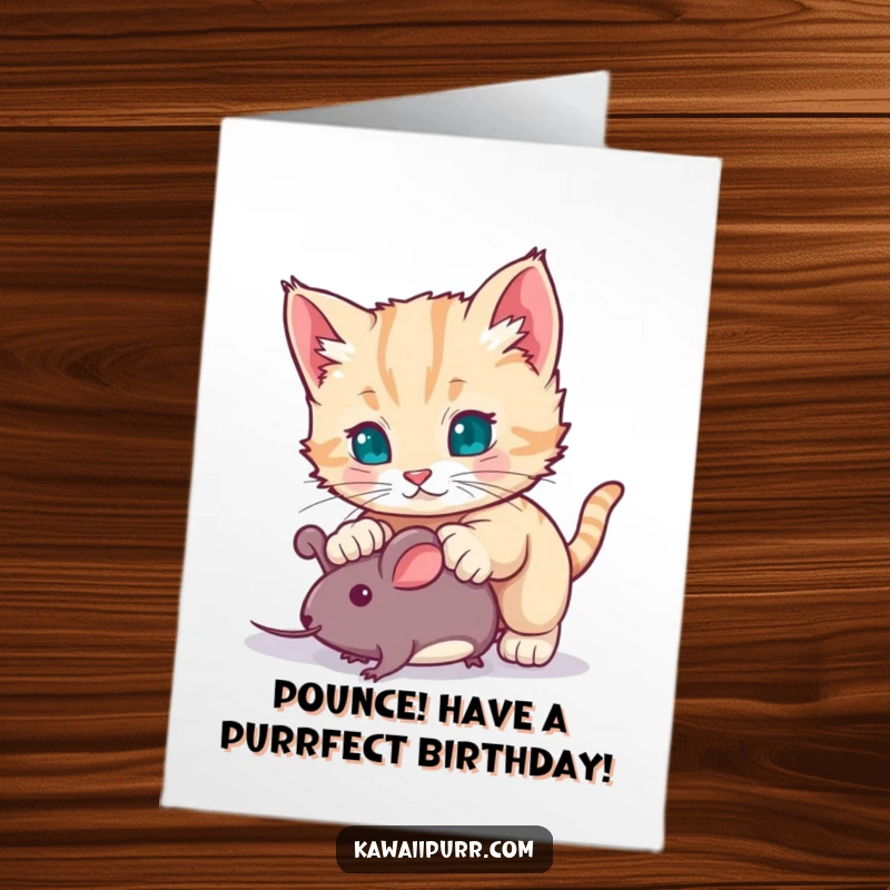 Funny Free Printable Birthday Card: A playful kitten leaps mid-air, ready to pounce on a toy mouse with joyous abandon.