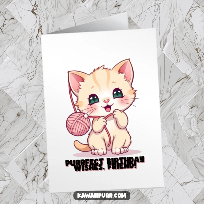 Funny Free Printable Birthday Card: Kawaii kitten character joyfully batting at a dangling yarn ball, celebrating playful birthday joy.