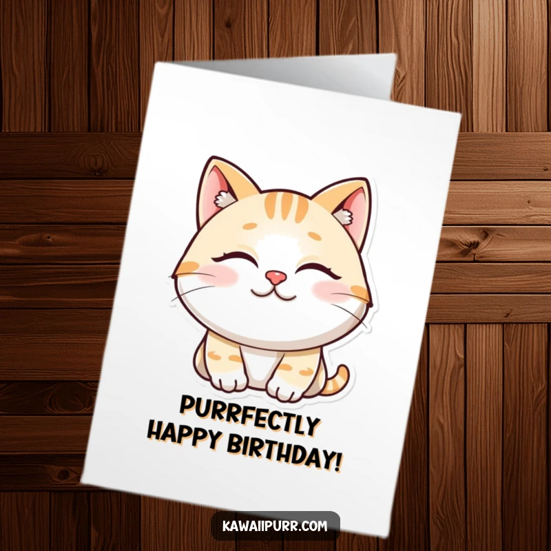 Funny Free Printable Birthday Card: Smiling cat character with eyes closed, purring contentedly, conveying pure bliss.