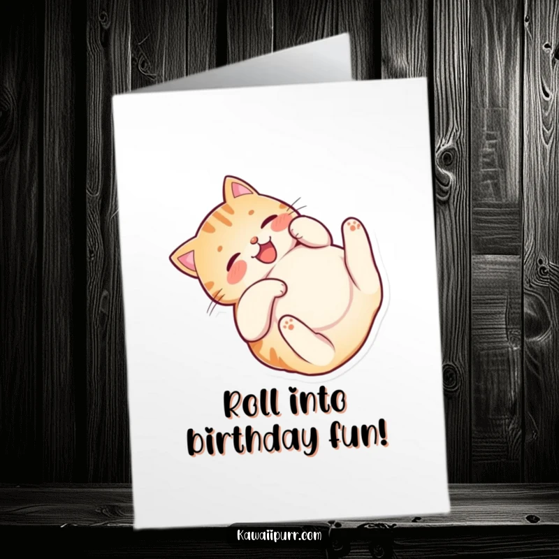 Funny Free Printable Birthday Card: Cat rolling on its back, exposing its belly with a happy, playful expression.