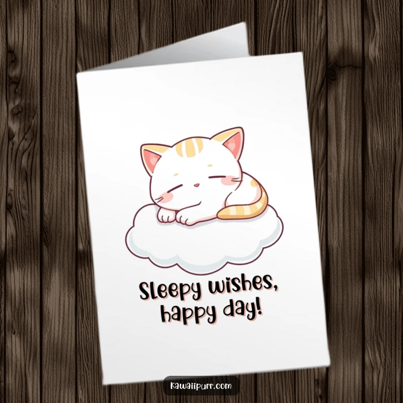 Funny Free Printable Birthday Card: A cute Kawaii cat sleeps peacefully on a fluffy cloud, a tiny smile on its face.