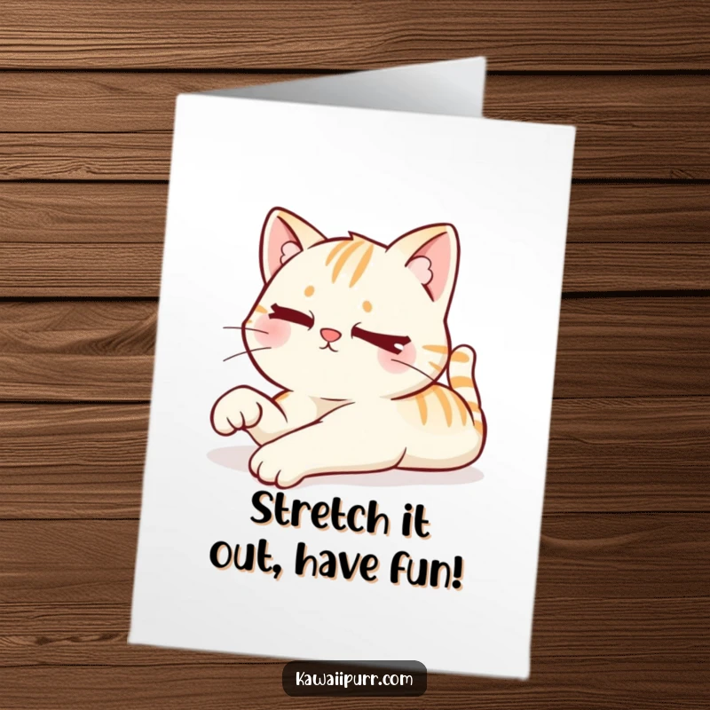 Funny Free Printable Birthday Card: A lazy Kawaii cat stretches luxuriously and gives a playful, mischievous wink.