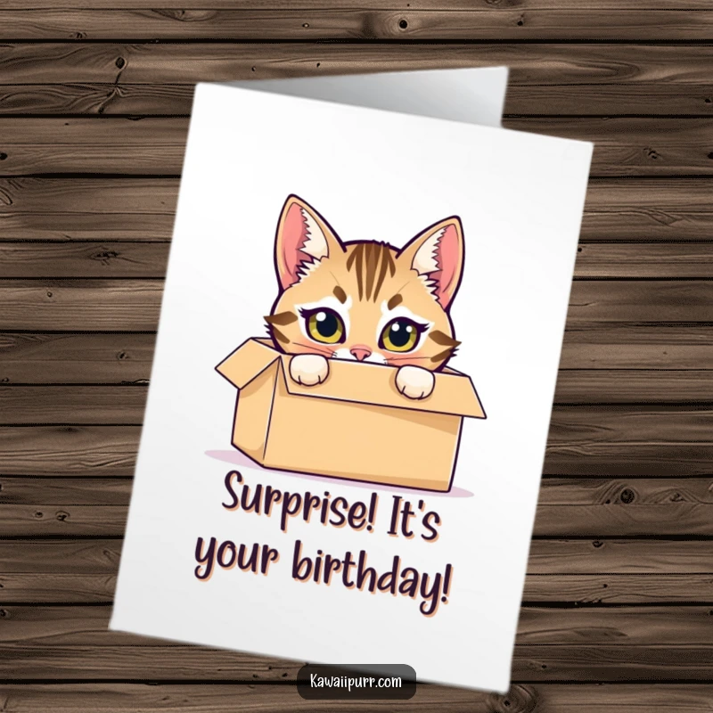 Funny Free Printable Birthday Card: Mischievous tabby cat peeks from a cardboard box with bright, playful eyes.