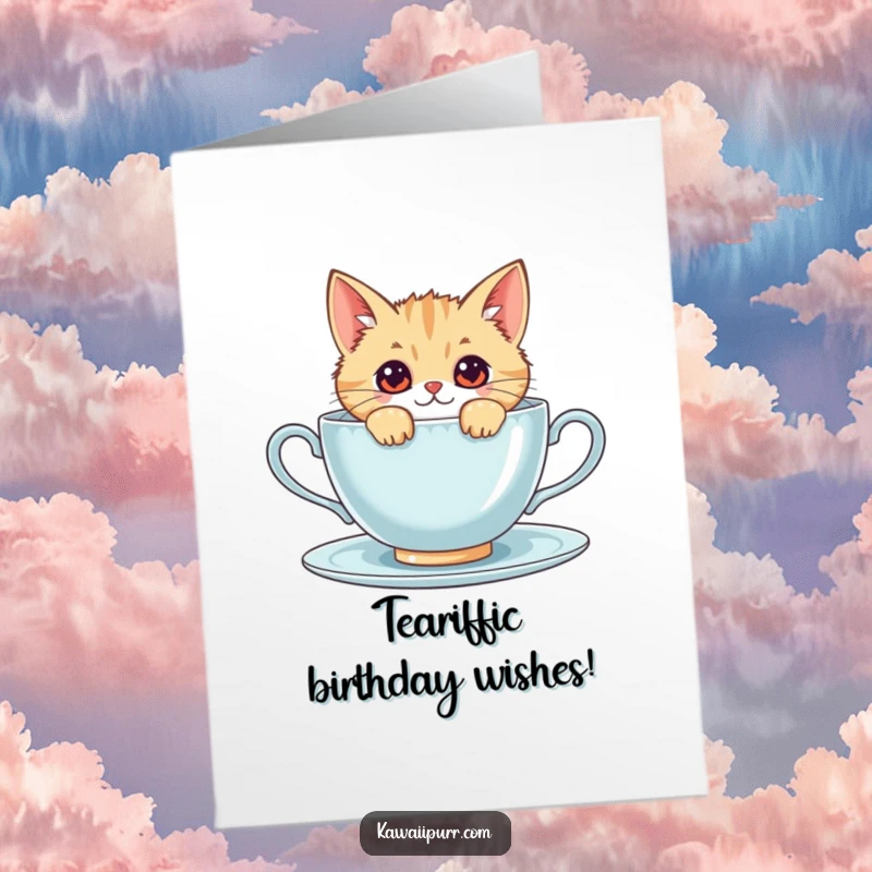 Funny Free Printable Kawaii Cat Birthday Card, a mischievous cat peeking curiously from behind a huge teacup.