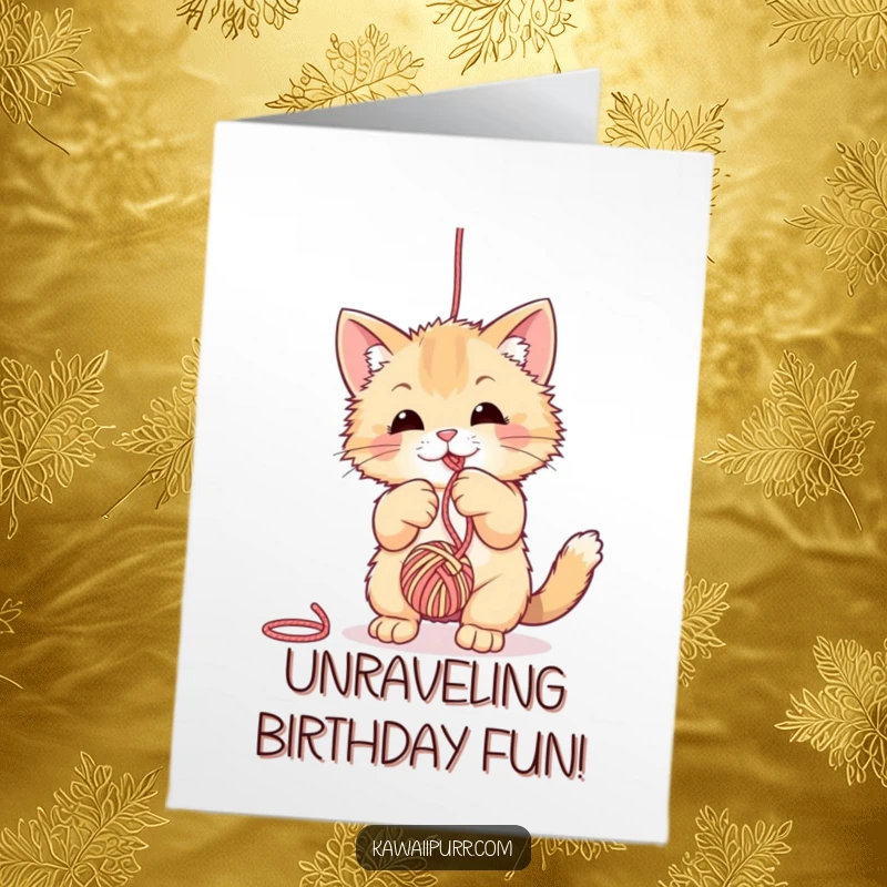 Funny Free Printable Birthday Card: Fuzzy cat playfully batting at a dangling ball of yarn, all tangled up in birthday fun.
