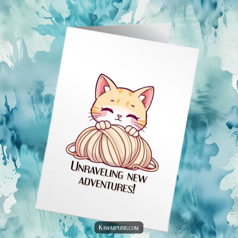 Funny Free Printable Birthday Card: Curious cat peeking over a huge pile of colorful yarn, ready for fun.