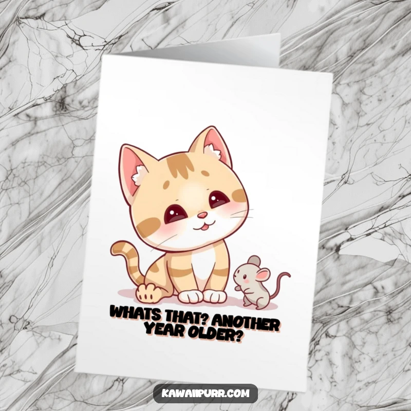 Funny Free Printable Birthday Card: Cat tilting head curiously, ears perked, eyeing a tiny mouse toy.