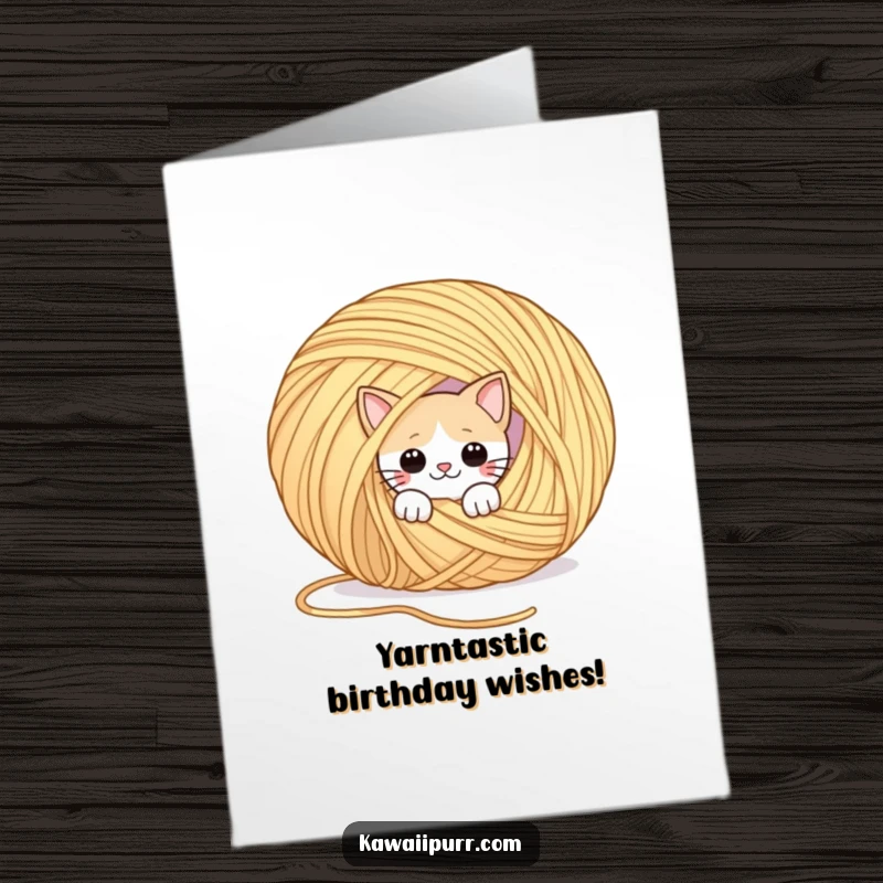 Funny Free Printable Birthday Card: Playful cat peeks from behind giant yarn ball, eyes twinkling with birthday mischief.