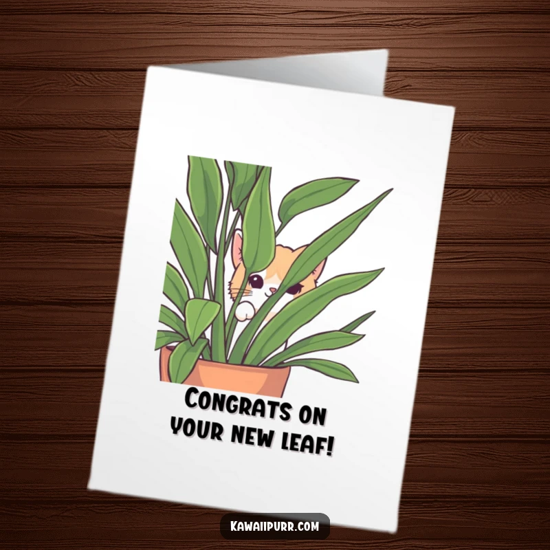 Funny Free Printable Congratulations Card: Cat peeking playfully from the leaves of a large houseplant, conveying congratulations.