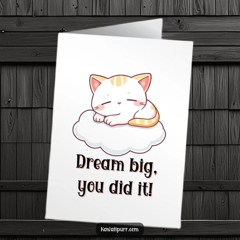 Funny Free Printable Congratulations Card: Kawaii cat naps contentedly on a cloud, radiating peacefulness and joy.