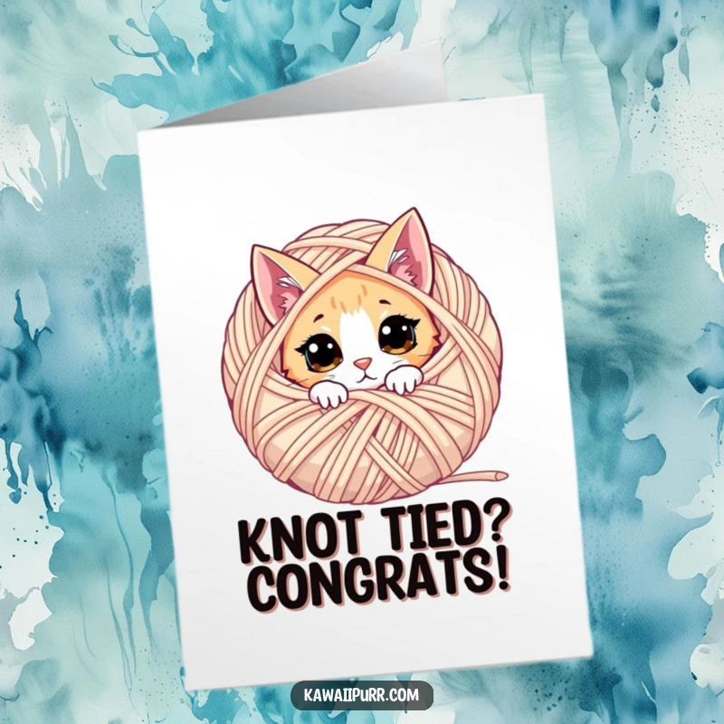 Funny Free Printable Congratulations Card: A hidden cat peeking from behind a huge yarn ball, celebrating success playfully.