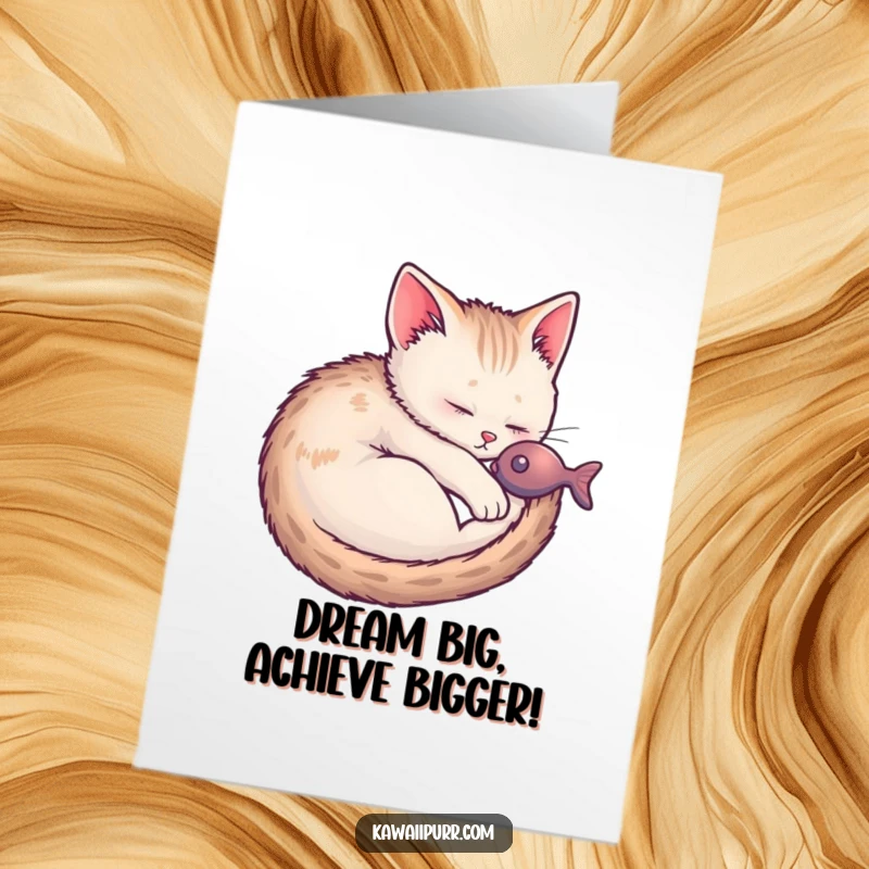 Funny Free Printable Congratulations Card: A sleeping kitten with fish dreams, symbolizing sweet success and happiness.
