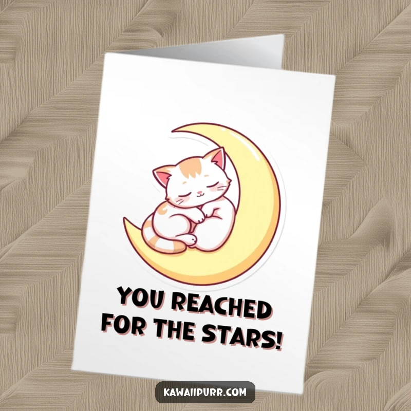 Funny Free Printable Congratulations Card showing a peaceful cat sleeping on a moon, symbolizing calm accomplishment and serene rewards.