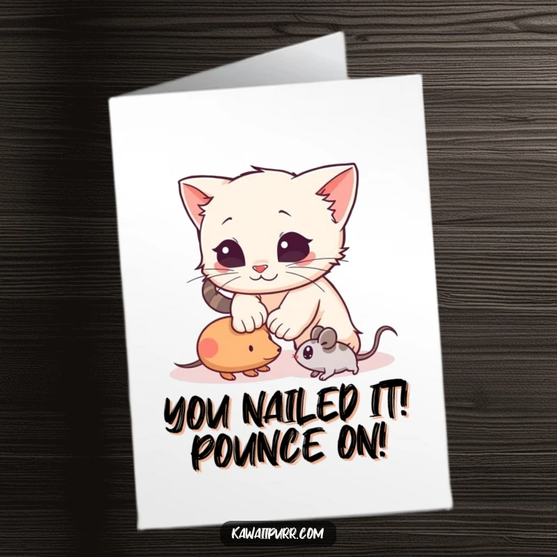 Funny Free Printable Congrats Card: A kitten leaping to catch a toy mouse, full of playful spirit.