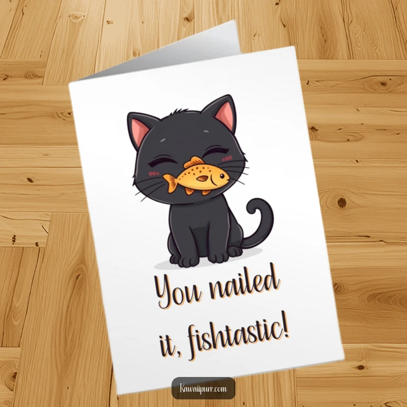 Funny Free Printable Congratulations Card: A mischievous black cat grins while perfectly balancing a small fish on its nose.