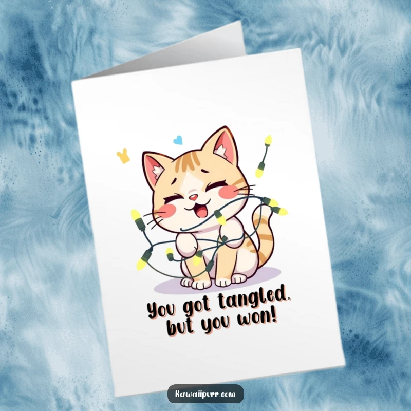 Funny Free Printable Congratulations Card: A cute kawaii cat in a comical mess of tangled string lights.