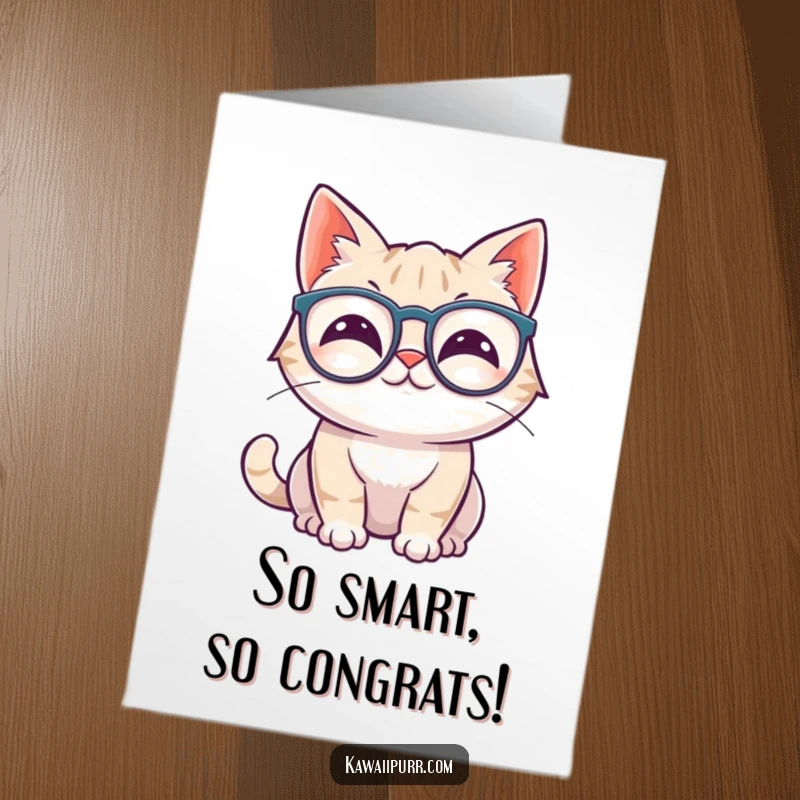 Funny Free Printable Congratulations Card: Kawaii cat sporting large glasses and wiggling its ears in a smart pose.