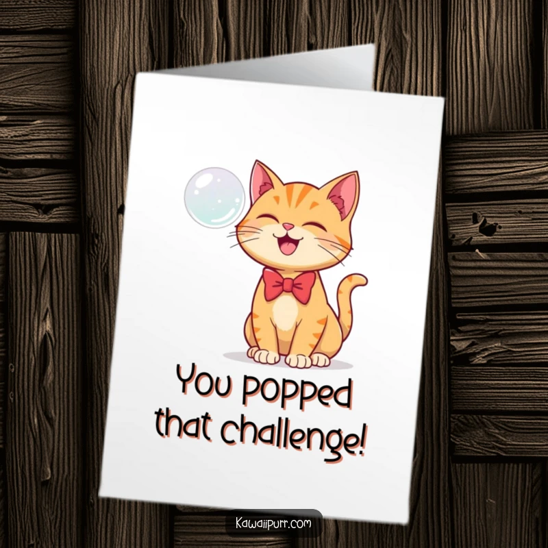 Funny Free Printable Congratulations Card: Ginger cat in a bowtie gleefully bats at a celebratory bubble.
