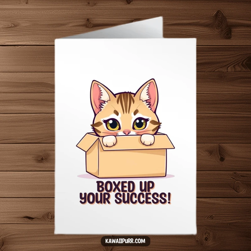 Funny Free Printable Congratulations Card: Tabby cat mischievously hides in a box, peeking out with bright eyes.