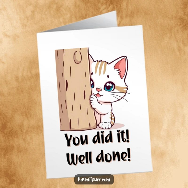 Funny Free Printable Congratulations Card: Mischievous cat caught in the act behind a scratching post, celebrating your win.