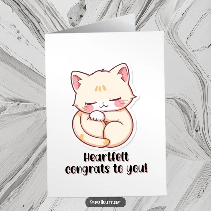 Funny Free Printable Congratulations Card: Cat character forms a heart shape, purring blissfully, celebrating achievements with sweet contentment.