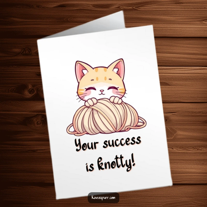 Funny Free Printable Congratulations Card: Curious cat peeking over yarn pile, symbolizing playful beginnings and exciting projects.