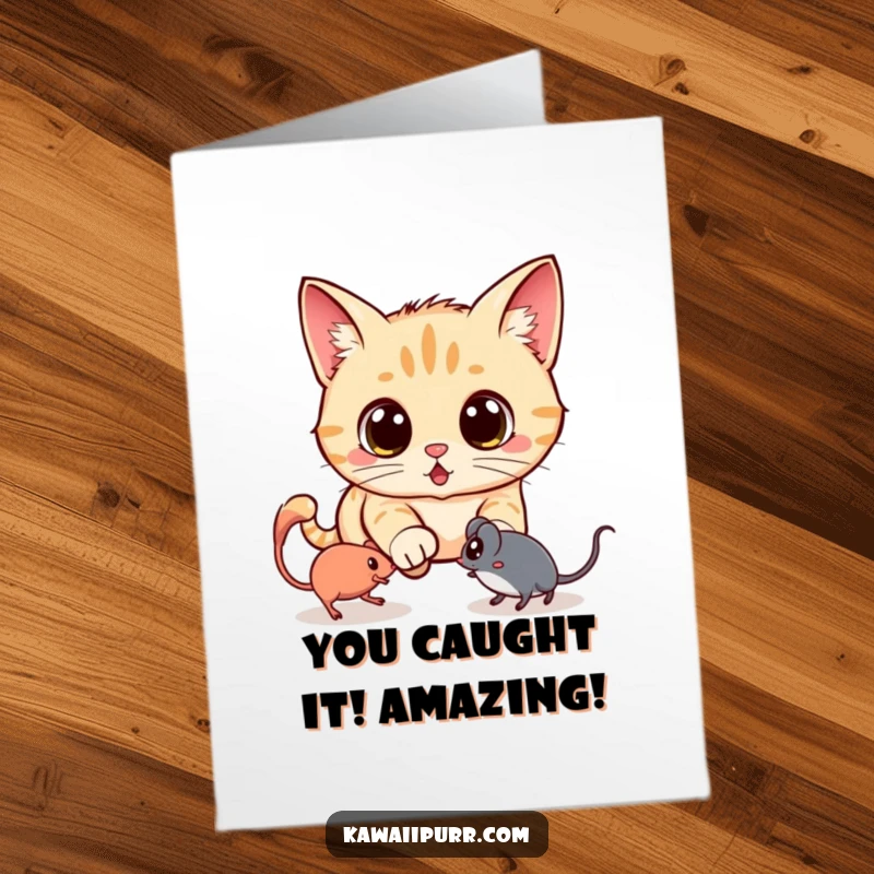 Funny Free Printable Congratulations Card: Kawaii cat's eyes are wide with shock while pursuing a see-through ghost mouse.