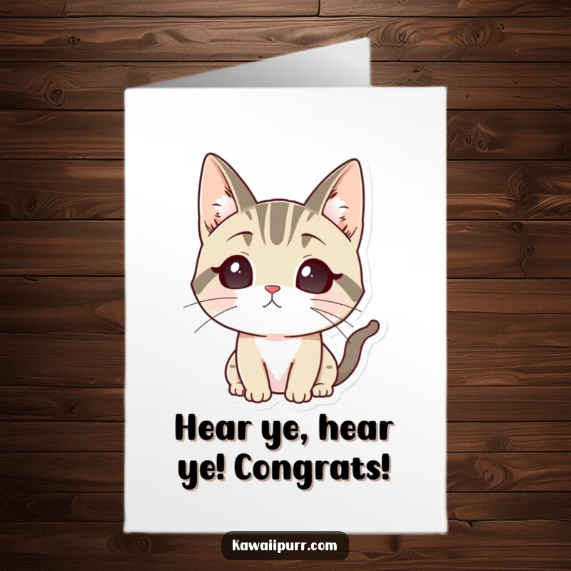 Funny Free Printable Congratulations Card: A cat character with ears held high, intently listening to something important.