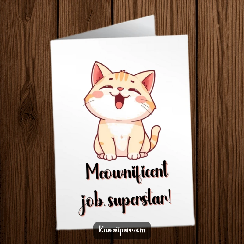 Funny Free Printable Congratulations Card: A cat happily meowing upwards, mouth open, celebrating an exciting announcement.