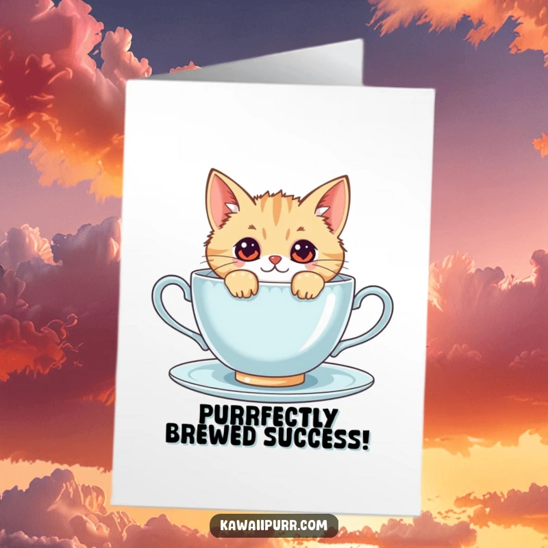 Funny Free Printable Kawaii Cat Congratulations Card, a cute cat peeking with curiosity behind a massive teacup.