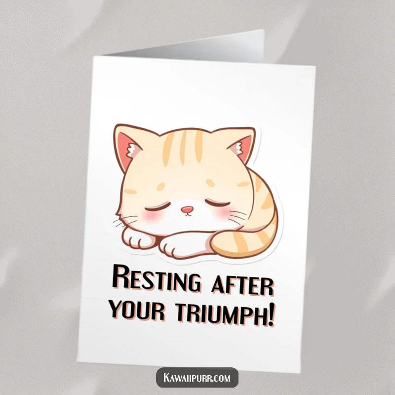 Funny Free Printable Congratulations Card: A deeply sleeping cat character wearing a serene, happy smile.