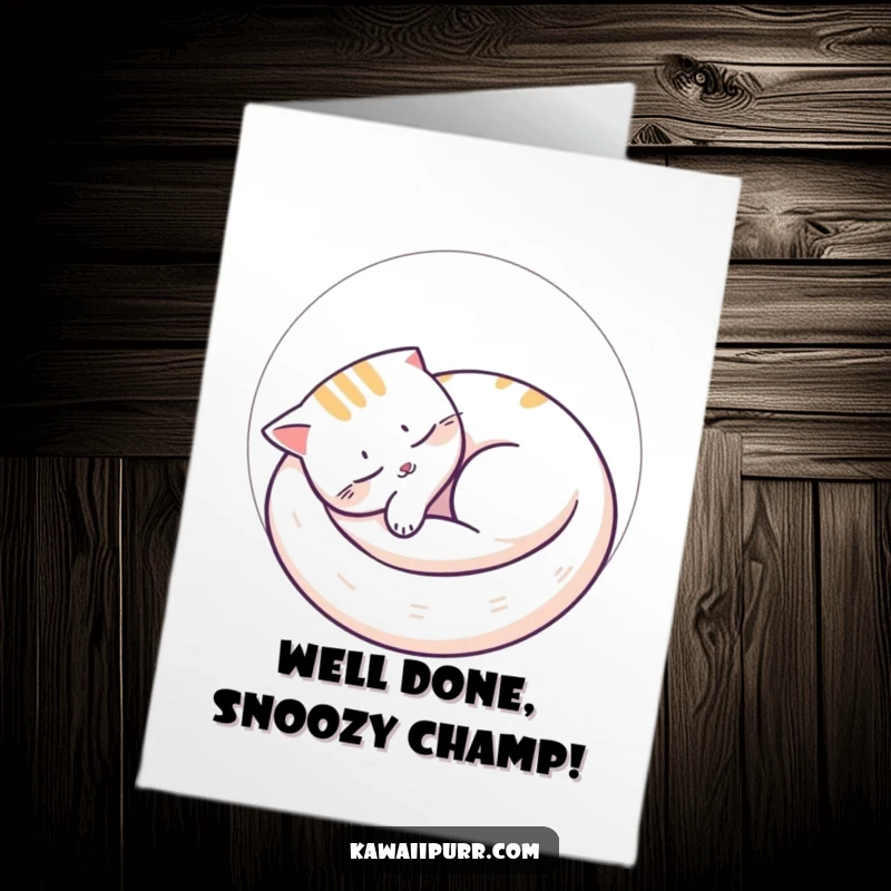 Funny Free Printable Congrats Card: Cat napping peacefully curled in a circle with snoozing lines, a cute downloadable for congratulations.