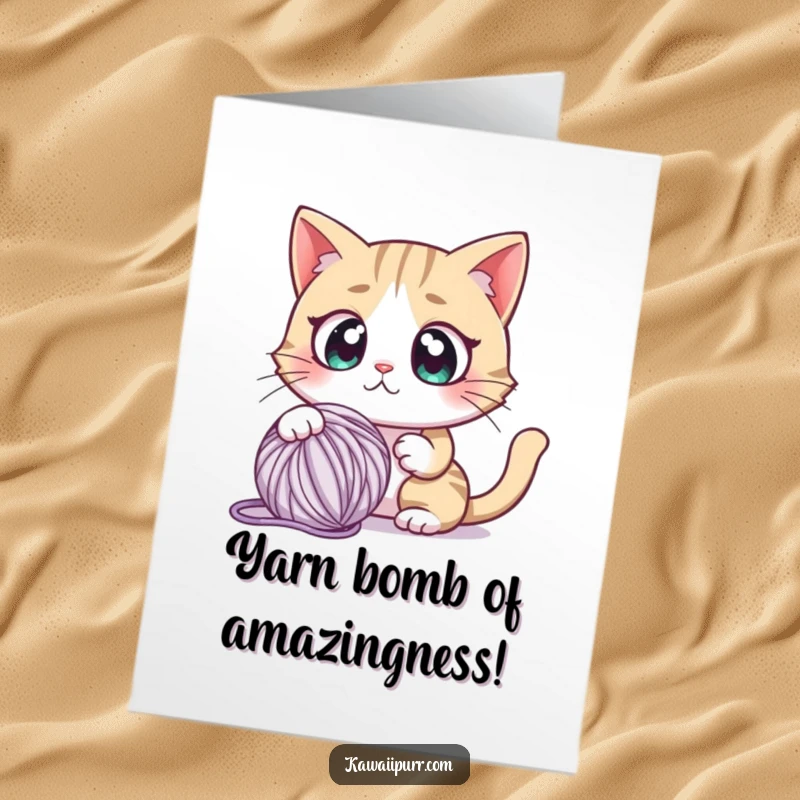 Funny Free Printable Congratulations Card: A wide-eyed cat character recoiling from a bouncing yarn ball.