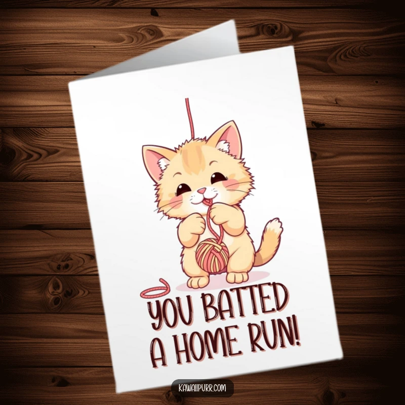 Funny Free Printable Congratulations Card: Playful fuzzy cat batting at a dangling ball of yarn, symbolizing fun and playful success.