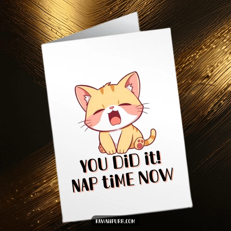 Funny Free Printable Congrats Card: A sleepy kitten yawning big, perfect for a downloadable congratulations message.
