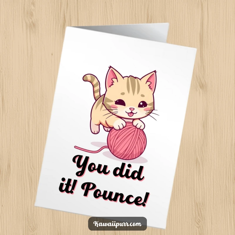 Funny Free Printable Congrats Card: A playful cat energetically pouncing on a ball of yarn, celebrating successes with feline flair.