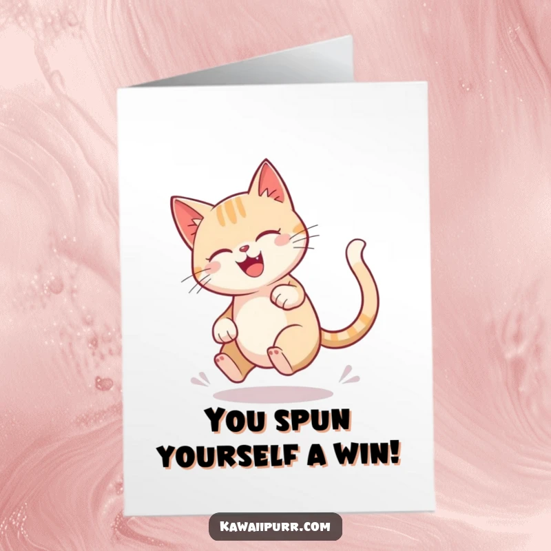 Funny Free Printable Congratulations Card: Energetic cat spinning in a blur while chasing its tail.