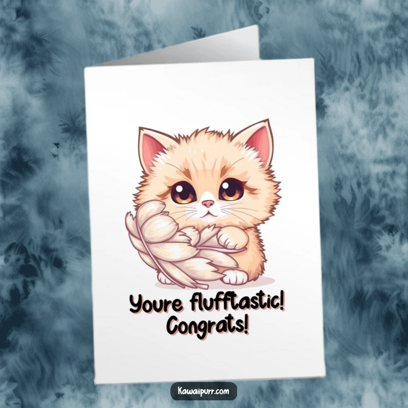 Funny Free Printable Congratulations Card: Curious fluffy cat peeks from behind a giant shimmering feather, hinting at good news.