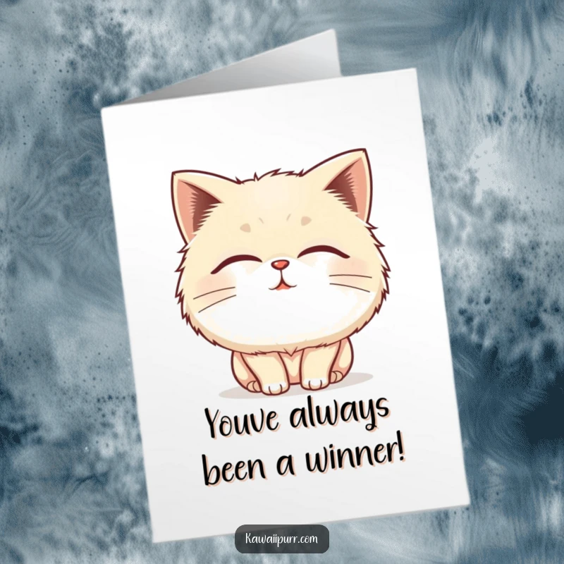 Funny Free Printable Congratulations Card: Round fluffy cat purring with delight, radiating happiness.