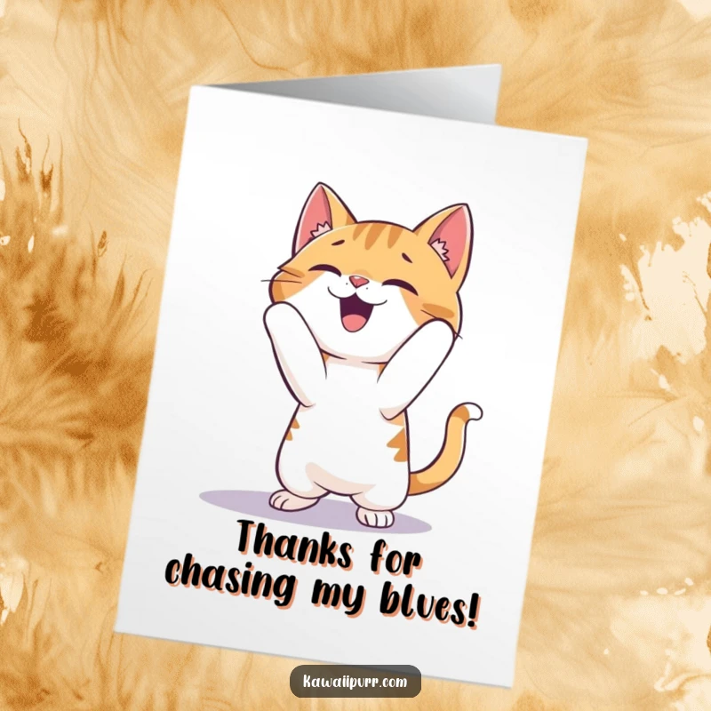 Funny Free Printable Thank You Card: A cat gleefully pouncing on a shadow, expressing thanks with energy.