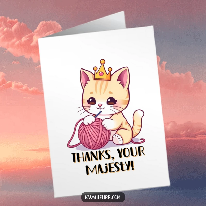 Funny Free Printable Thank You Card: A regal Kawaii cat wearing a crown playfully taps a yarn ball with a paw.