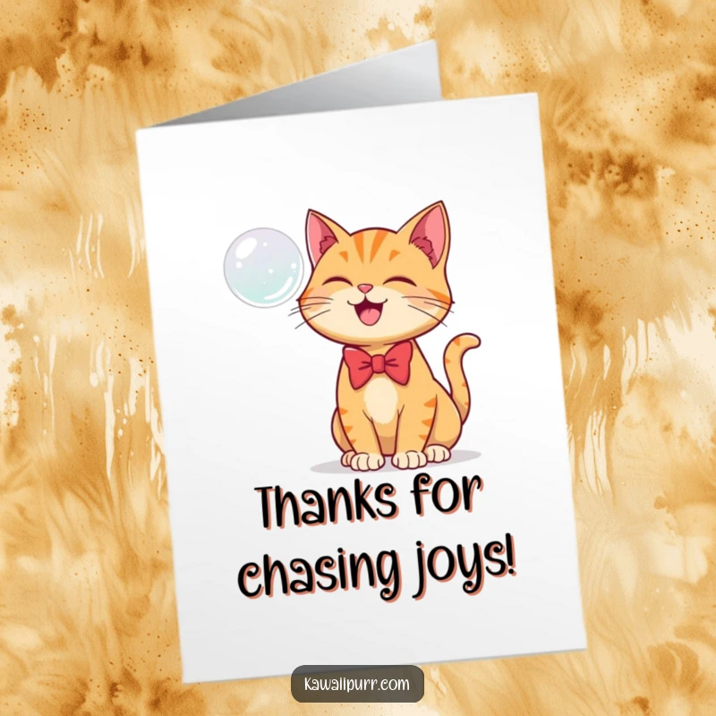 Funny Free Printable Thank You Card: Ginger cat in a bowtie joyfully bats at a thank you bubble.