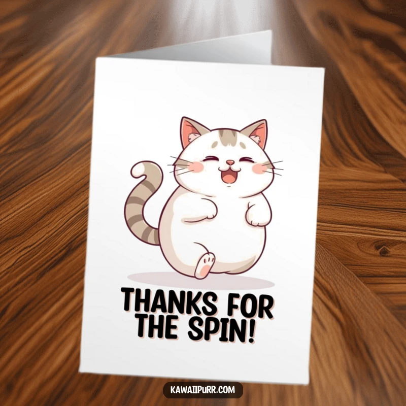 Funny Free Printable Thank You Card: A plump cat looks delightfully confused while chasing its own tail.