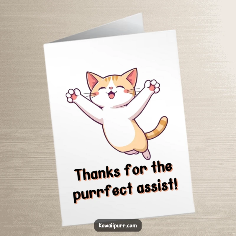 Funny Free Printable Thank You Card: Cat in a dynamic leap, paws extended, expressing thanks with a humorous touch.