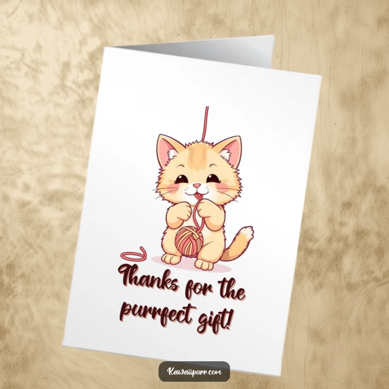 Funny Free Printable Thank You Card: Fuzzy cat playfully batting at a ball of yarn, expressing thanks in a cute and funny way.