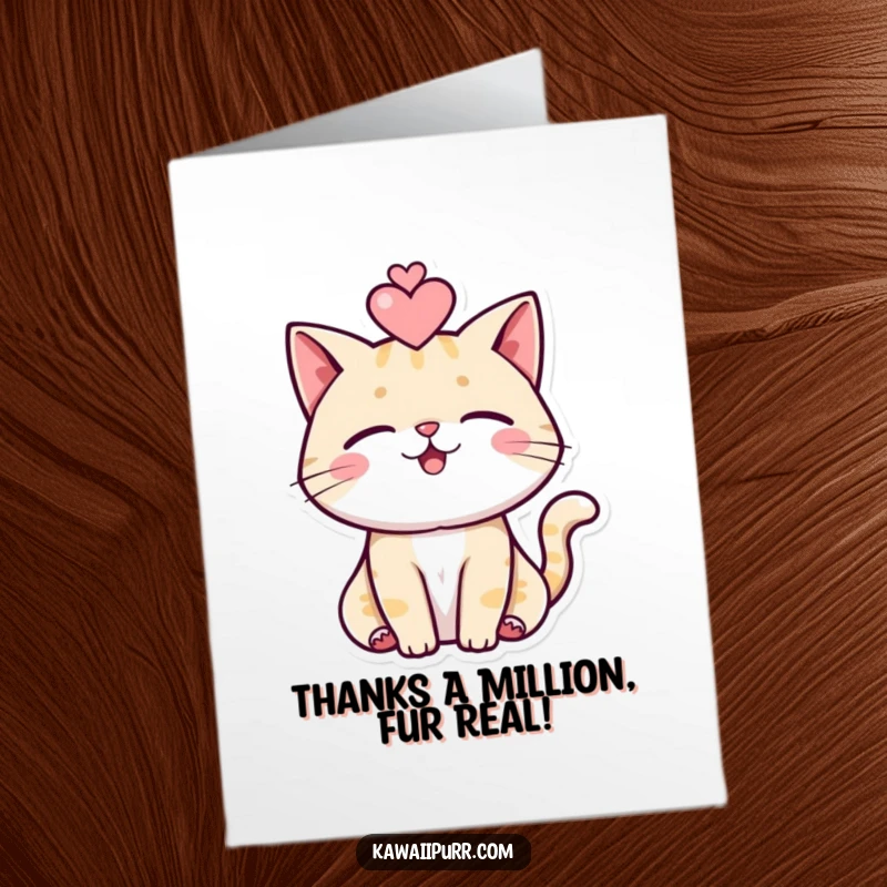 Funny Free Printable Thank You Card: A happy cat purring, conveying gratitude with a floating heart symbol.