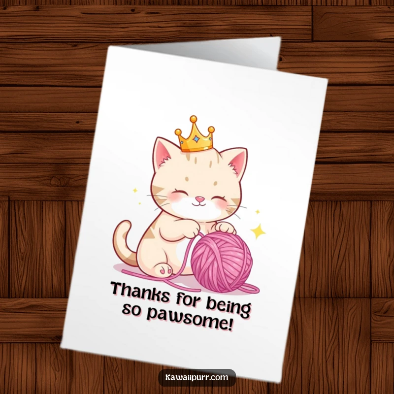 Funny Free Printable Thank You Card: Royal cat in crown playfully taps sparkling yarn, expressing thanks with joy.